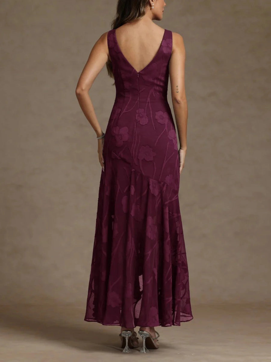 Vedress plum two‑piece mother bride gown back view,deep v‑back,center zipper closure,floral burnout chiffon high‑low skirt,studio backdrop