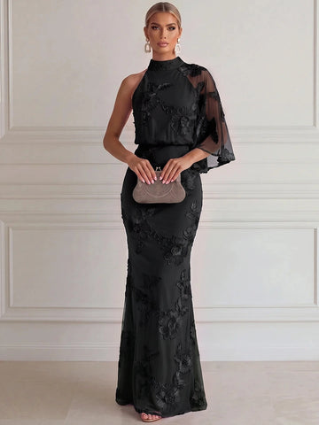 Elegant Sheath High Neck One Shoulder Zipper Back Floor-Length Evening Dress