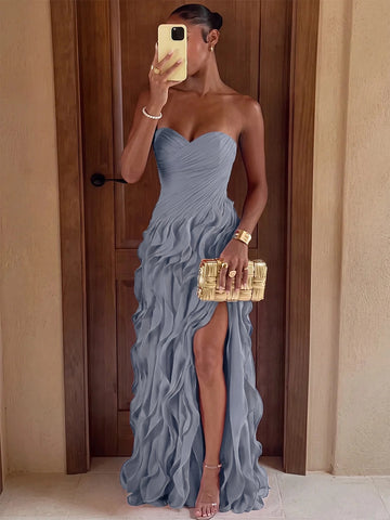Striking Sheath Sweetheart Strapless Ruffle Back Floor Length Prom Dress