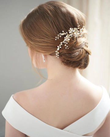 Gold Pearl and Crystal Floral Bridal Hair Comb