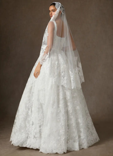 Romantic Sheer Tulle Floral Lace Two-Tier Fingertip Bridal Wedding Veil