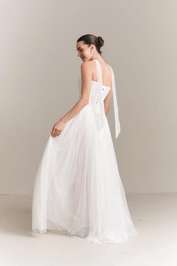 Romantic A-line Strapless Neck Ribbon Corset Back Floor-length Wedding Dress