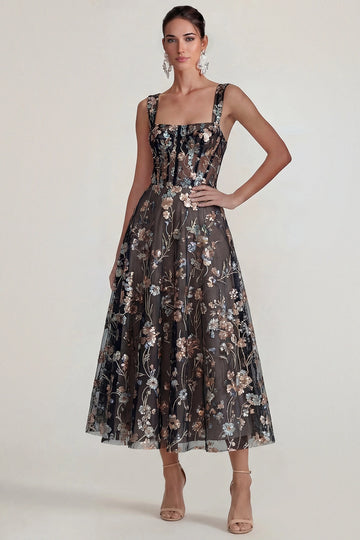 Blush Floral A-Line Square Neck Sleeveless Sheer Corset Back Midi Prom Dress