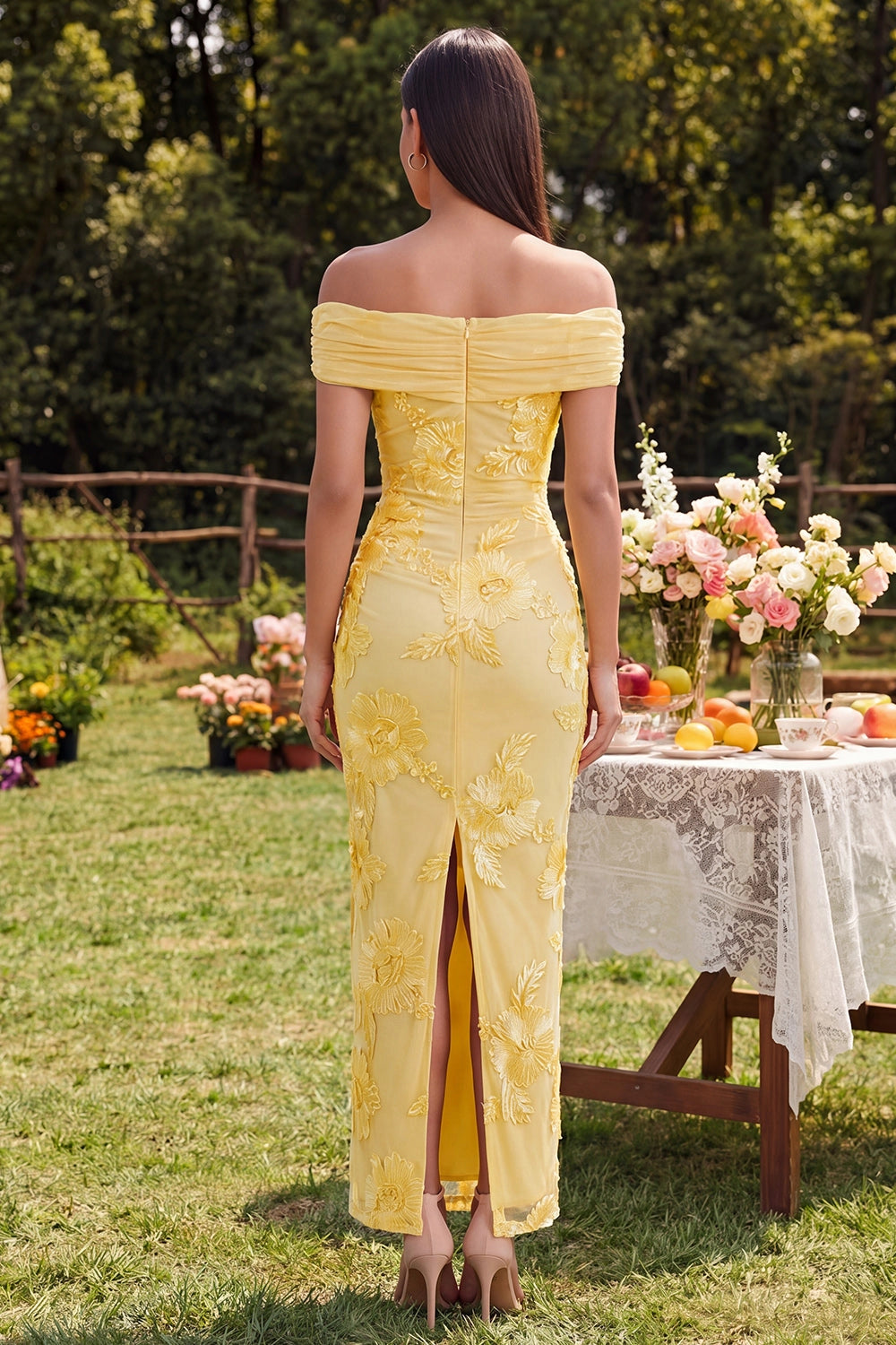 Vedress mesh zip back split sleeveless bridesmaid gown garden outdoor back view