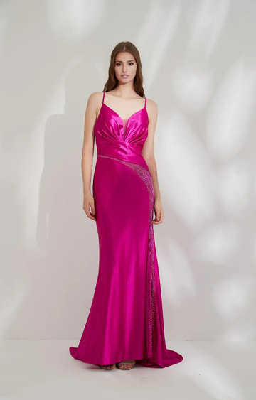 FormFitting Mermaid VNeck Sleeveless Satin Floor-Length LaceUp Party Dress