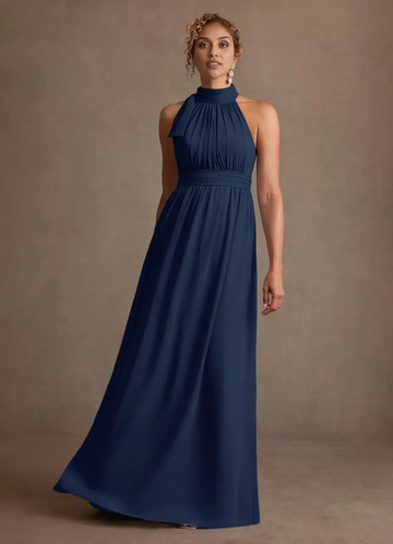 Sophisticated A-line Halter-neck Sleeveless Chiffon Floor-length Ruched-bodice Bow-neck Evening Gown