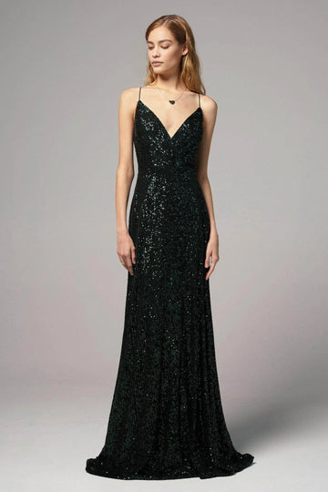 Sheath V-Neck Sleeveless Sequin Open Back Lace-Up Slit Evening Dress With Train