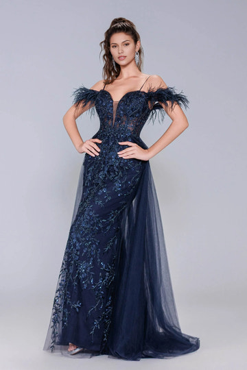 Mermaid evening gown with plunge neck, spaghetti straps, feather off-shoulder accents, appliqué bodice, and flowing tulle overskirt
