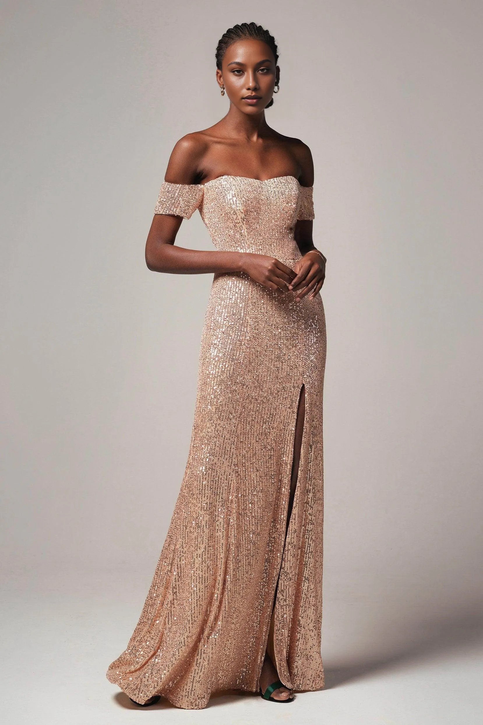 Off-shoulder sequin evening gown with sweetheart neckline and high front slit