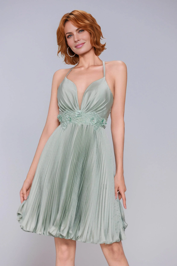 Graceful A-Line Plunge V-Neck Spaghetti Strap Pleated Satin Open Back Homecoming Dress