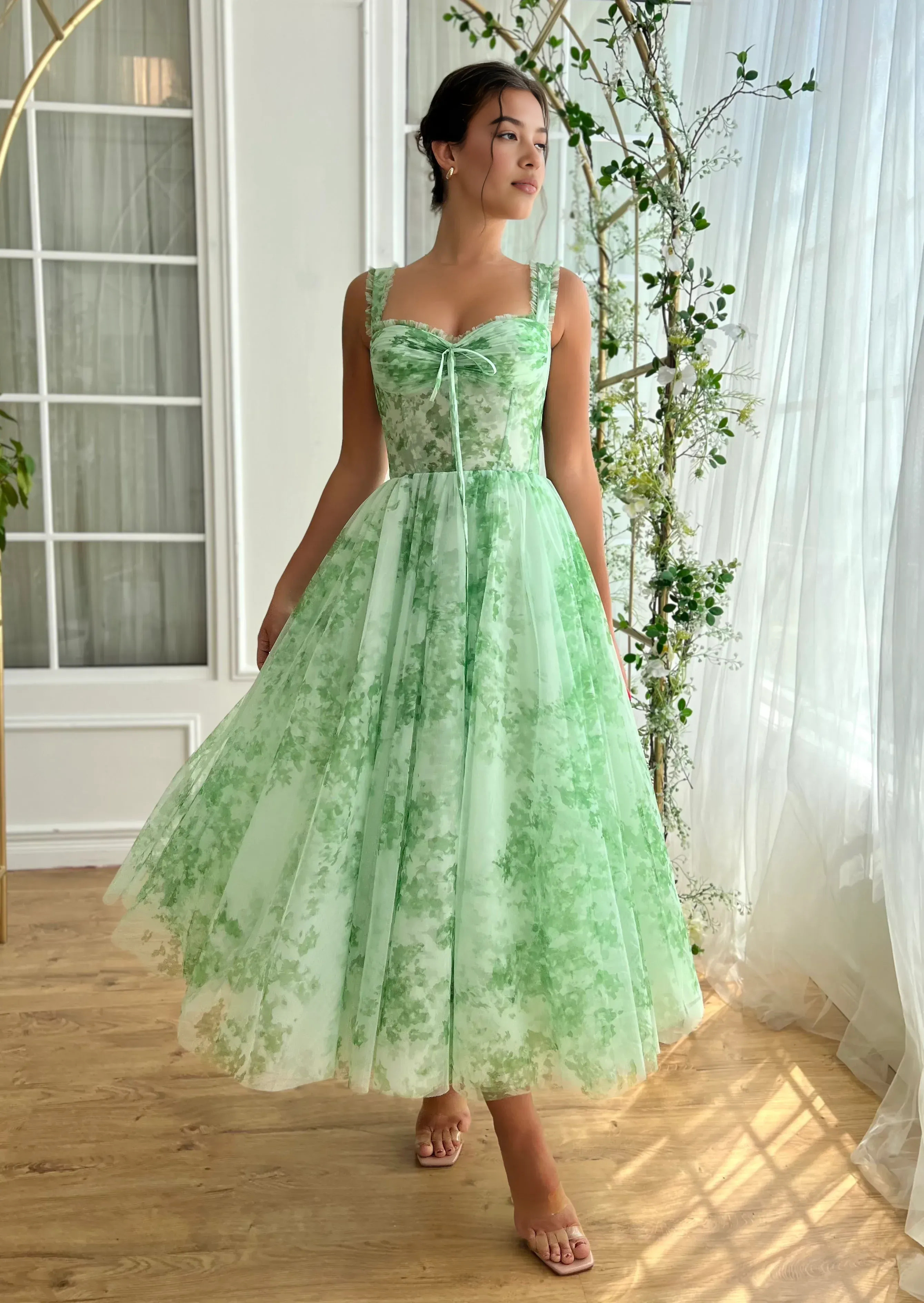 A-line sweetheart floral tulle homecoming dress with ruffle straps and tea-length skirt