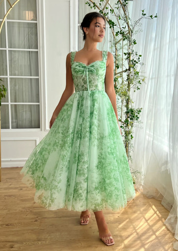 A-line sweetheart floral tulle homecoming dress with ruffle straps and tea-length skirt