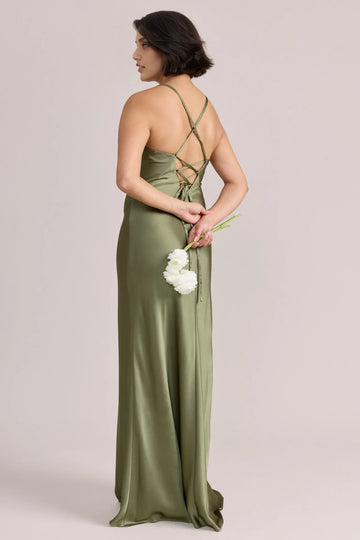 Elegant Column Spaghetti Strap V-Neck Satin Crisscross Lace-Up Back Maxi Bridesmaid Dress