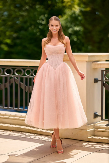 Strapless Straight Neck Boned Corset Pearl Embellished Tulle Lace-Up Back Tea Length Midi Formal Dress