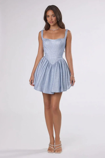 Wide Strap Corset Lace Up Back Glitter Flare Mini Homecoming Dress