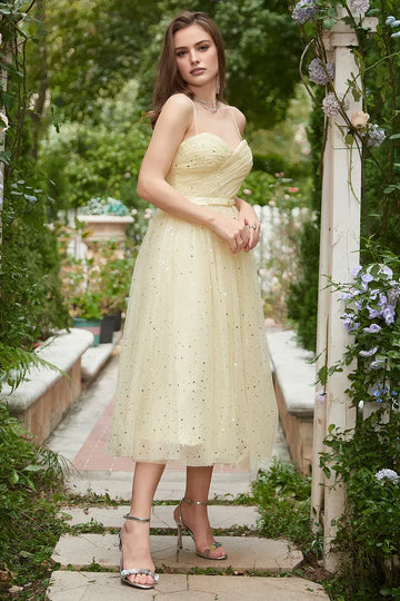 Dreamy A-Line Sweetheart Neck Sleeveless Tulle Star-Glitter Bow Waist Tea-Length Homecoming Dress
