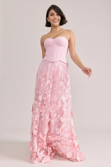Strapless Sweetheart Corset 3D Floral Tulle A-Line Long Formal Prom Dress