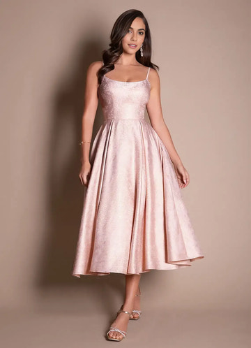 Elegant A-line Scoop Sleeveless Jacquard Satin Midi Back Zip Formal Wedding Guest Dress
