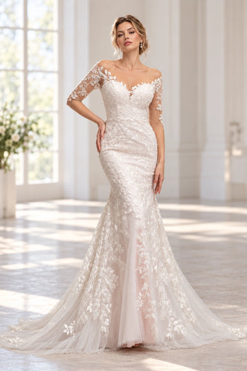 Vedress lace mermaid wedding dress with a sweetheart neckline, off-shoulder elbow-length illusion sleeves and a sweeping train, front view.