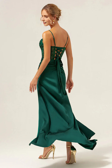 Luxe Sheath Sweetheart Neck Sleeveless Satin Beaded Bodice Corset Lace-Up High-Slit Evening Gown