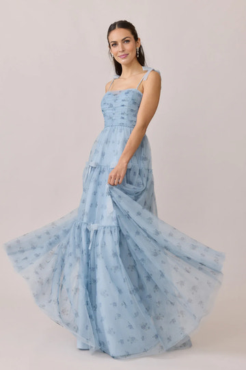 Floral Print Tiered Tulle Square Neck Bow Strap Long Formal Bridesmaid Dress