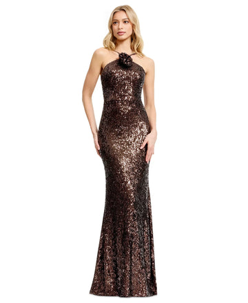Appliqued Sequin Mermaid Halter Neck Floor-Length Evening Gown