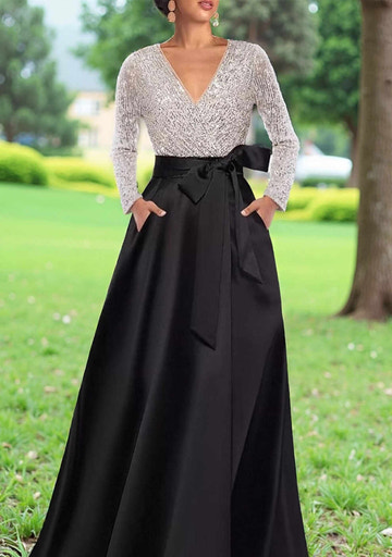 Long Sleeve V-Neck Sequin Top & Satin Skirt Formal Evening Gown with Bow Sash & Pockets