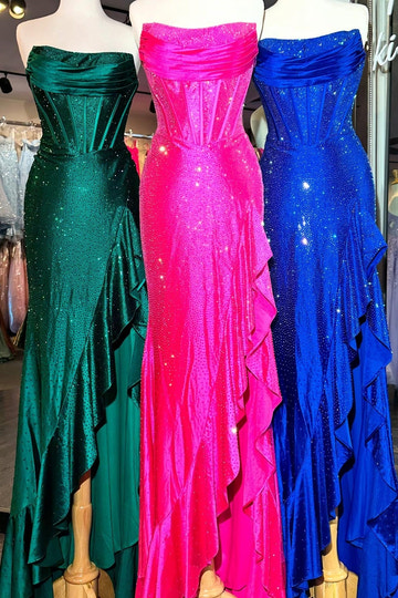 Elegant Mermaid Strapless Sequin-Embellished Mermaid Evening Gown with High Slit and Criss-Cross Back