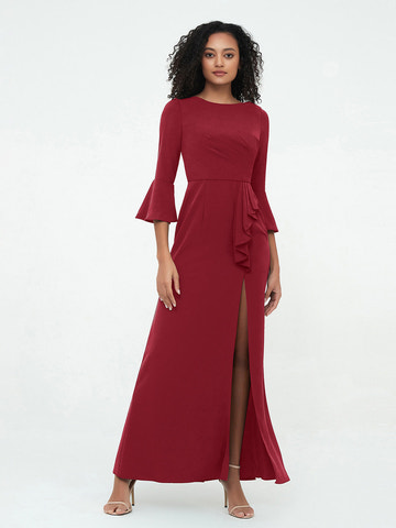 Red column formal evening dress with round neckline, three-quarter bell sleeves, side ruffle detail, and front slit