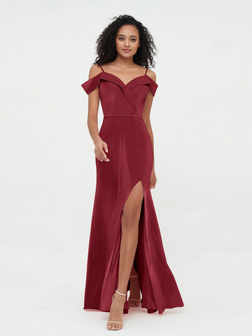 Vestido largo de fiesta de satén color borgoña con hombros descubiertos, tirantes finos, escote en V, fruncido, abertura alta y corte sirena para graduaciones y bodas