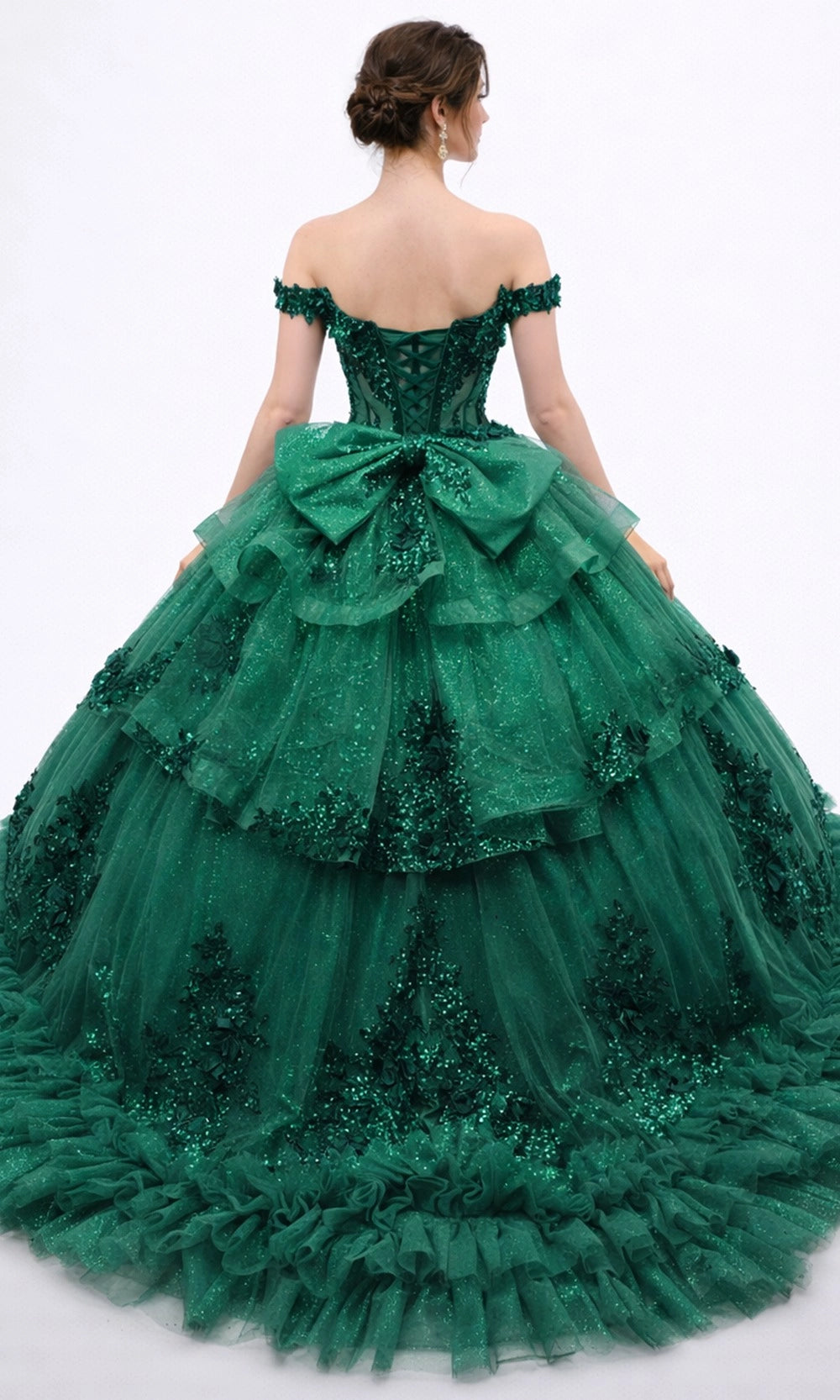 Vedress emerald green quinceanera dress corset back oversized bow tiered ruffle skirt sequin appliques back view