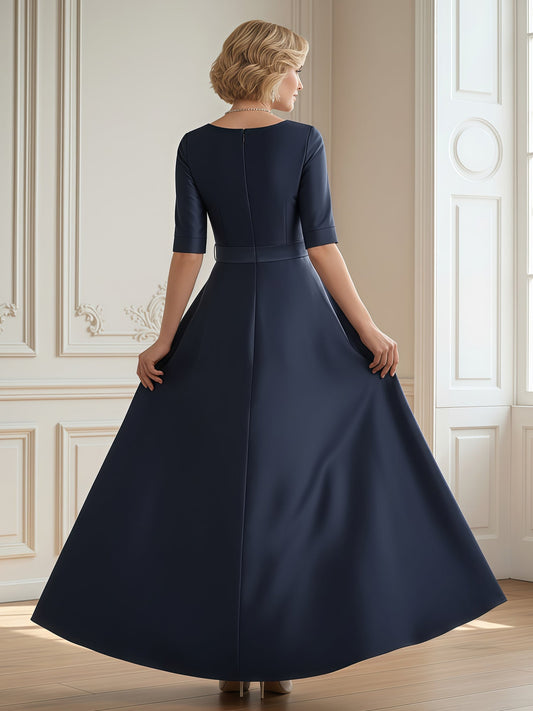Navy Blue Satin A-Line Maxi Dress with Bow Belt – Formal Mother of the Bride Gown
