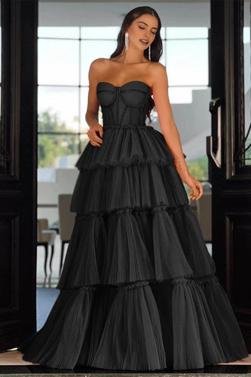 Vibrant Hot‑Pink A‑Line Strapless Sleeveless Lace‑Up‑Back Tiered Floor‑Length Prom Dress