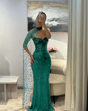 Sparkly Mermaid Sweetheart One‑Sleeve Open‑Back Long Prom Dress