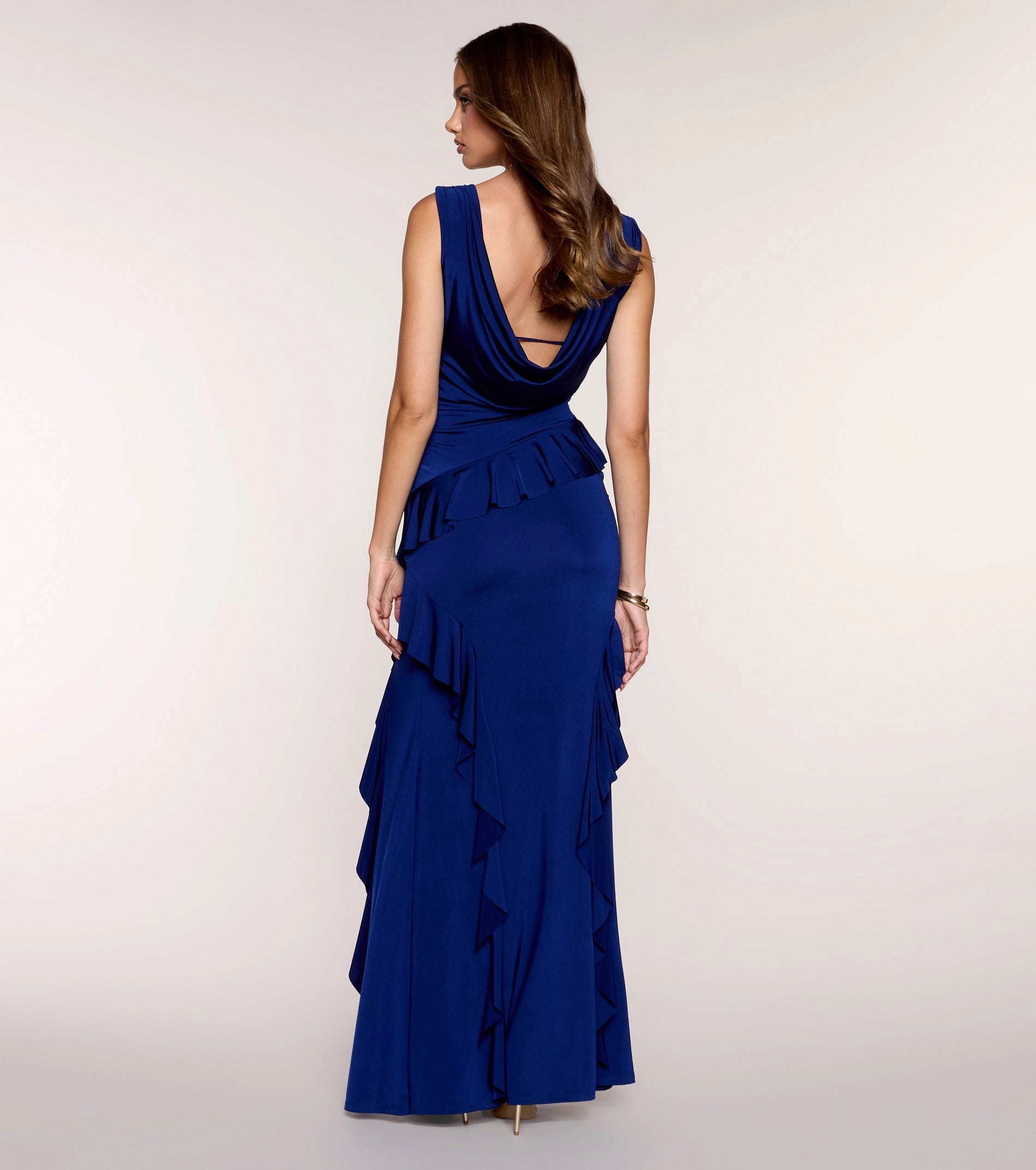 Back view Vedress royal blue cowl back mermaid prom dress ruffle long formal gown