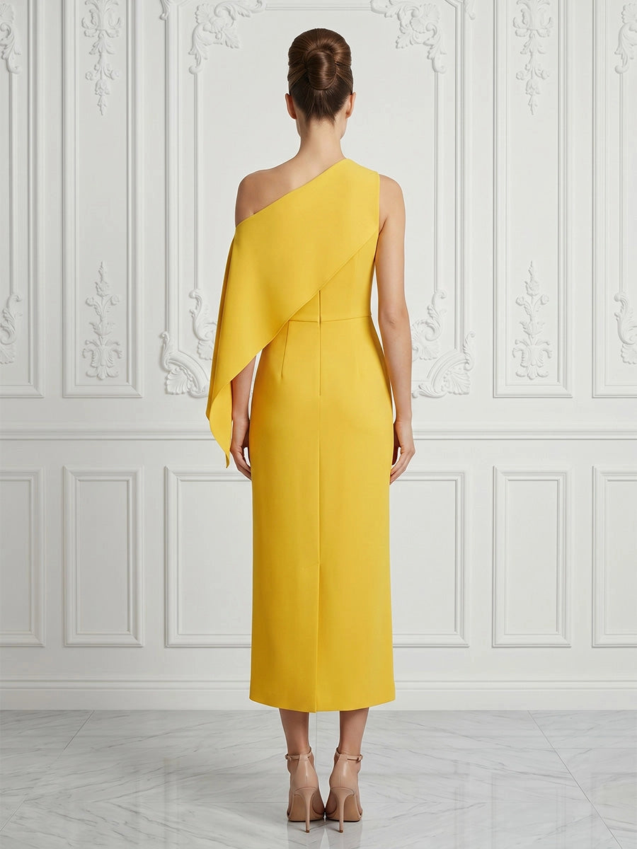 Model wearing vedress yellow asymmetric shoulder sheath midi dress invisible zip back elegant formal outfit