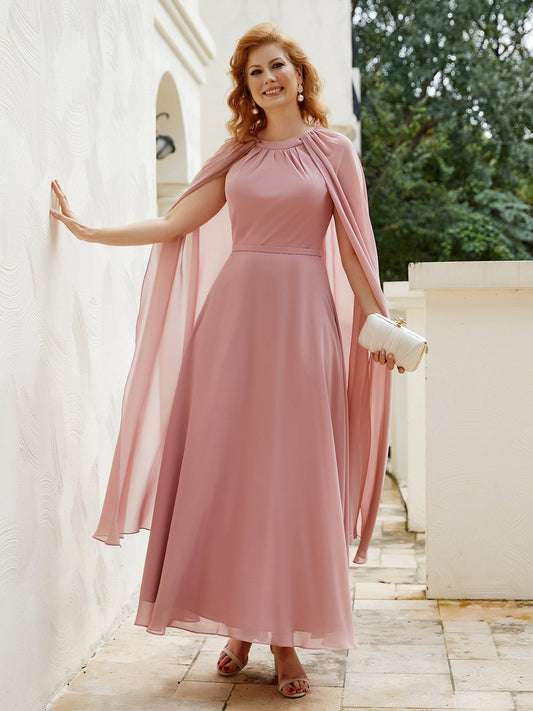 Dusty Pink Chiffon Maxi Dress with Cape Sleeves – Formal Mother of the Bride Gown