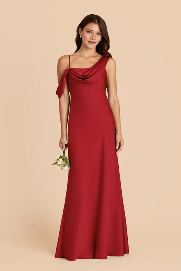 Asymmetric Off-the-Shoulder Cowl Neck Satin Mermaid Bridesmaid Maxi Dress