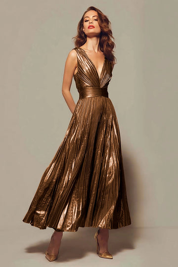 Elegant A‑Line V‑Neck Sleeveless V‑Back Floor‑Length Bridesmaid Prom Dress