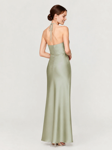 Halter Neck Satin Mermaid Bridesmaid Dress with Tie Back