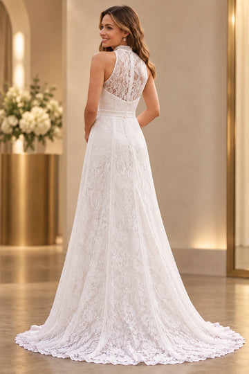 Elegant Floral Lace A-Line High-Neck Sleeveless Illusion-Back Floor-Length Wedding Dress