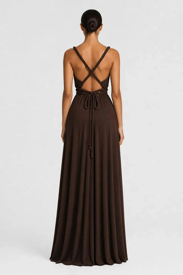 Chocolate brown bridesmaid dress with criss-cross open back and tie waist