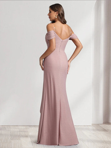 Vestidos de fiesta de damas de honor formales con pliegues, volantes y abertura lateral, estilo princesa de corte A, con hombros descubiertos y largo hasta el suelo
