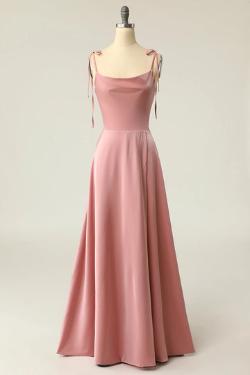 Vedress dusty rose satin long prom gown cowl neck tie spaghetti strap a line front view