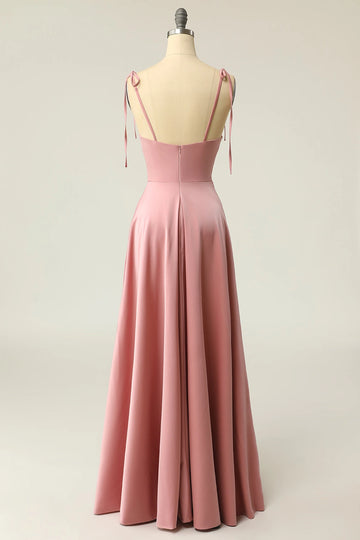 Vedress blush formal dress tie strap plain low back satin long prom dress rear view