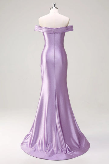 Back view Vedress lavender shimmer mermaid prom dress off shoulder satin long gown