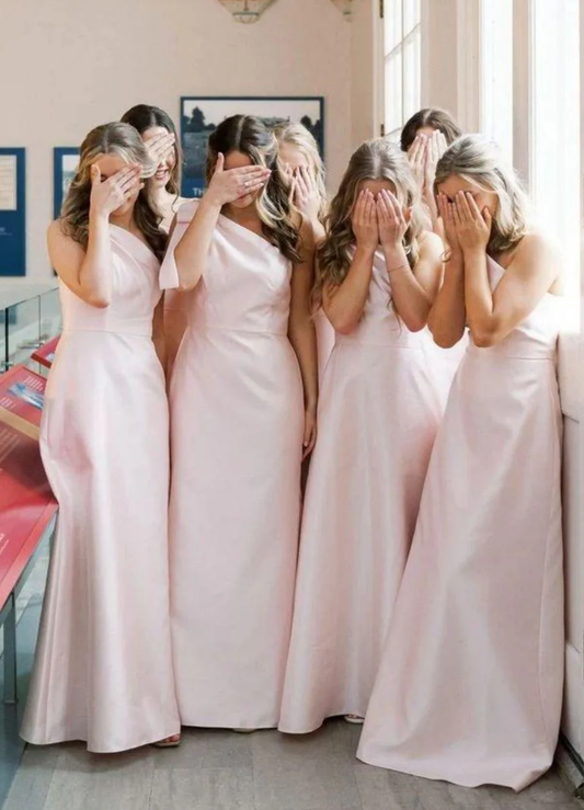 Elegant A Line One Shoulder Satin Floor-Length Bridesmaid Dresses for Formal Wedding Party Dress with Bowknot