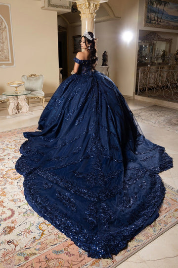 Navy blue lace-up back Quinceañera ball gown with long train