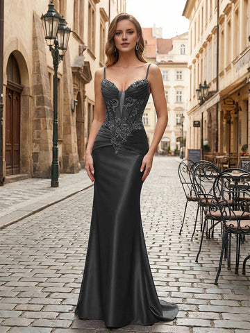Elegant Mermaid Sweetheart Sleeveless Low Back Floor-Length Beaded Satin Prom Dress