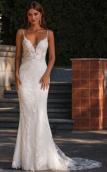 Vedress romantic 3d floral lace plunging v spaghetti strap mermaid garden wedding dress front courtyard shot